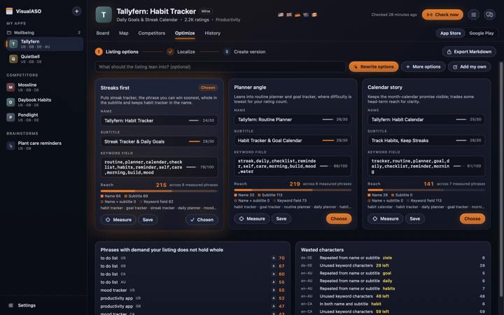 VisualASO Optimize: three listing options written by your AI tool, each with its measured reach