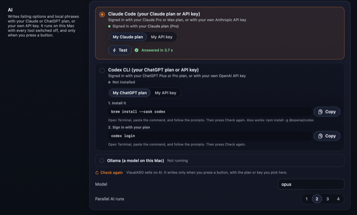 VisualASO Settings, AI: Claude Code signed in with a Claude plan, Codex CLI with its install and sign-in commands, Ollama